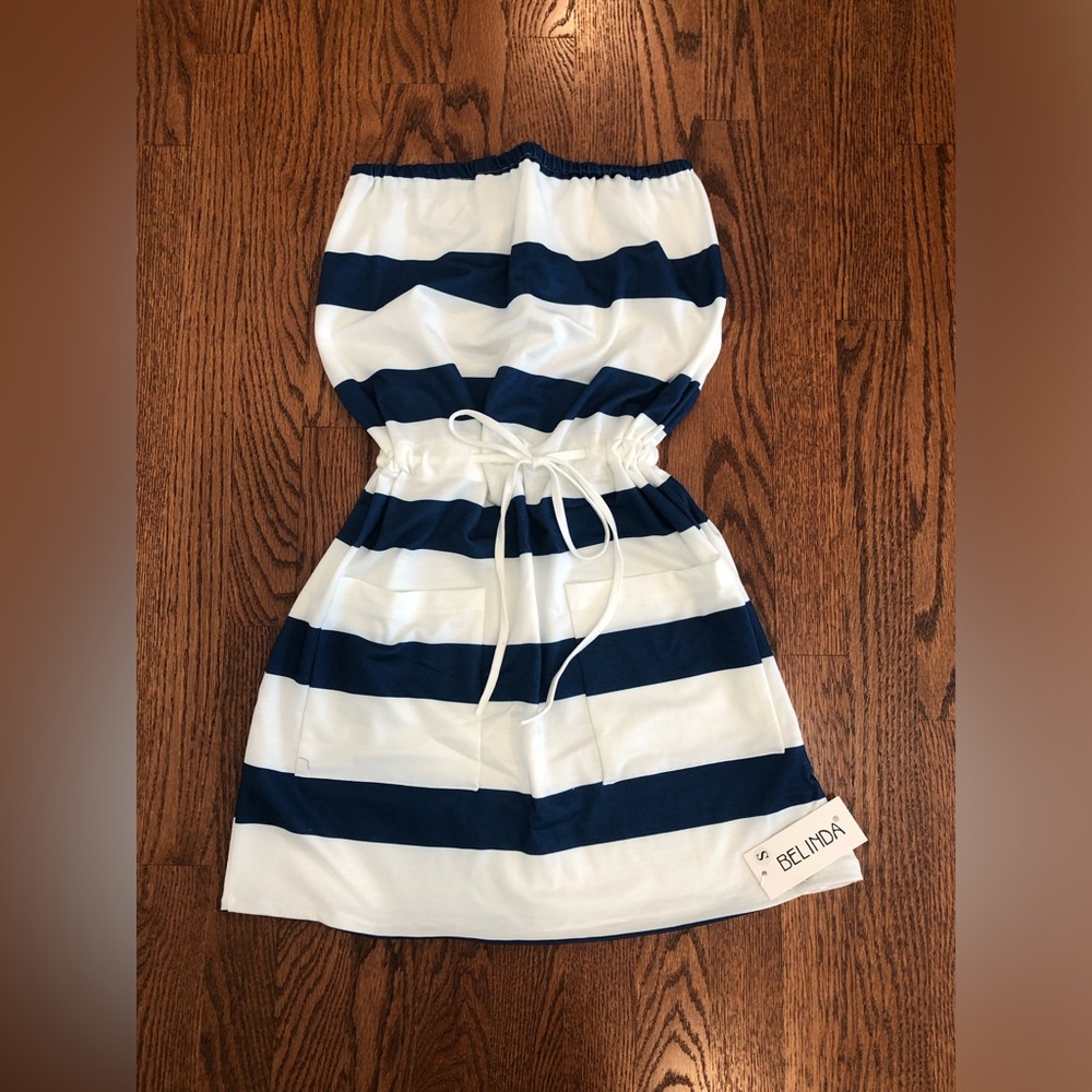 Belinda Tube Top Navy & White Striped Drawstring Dress - Size: Small